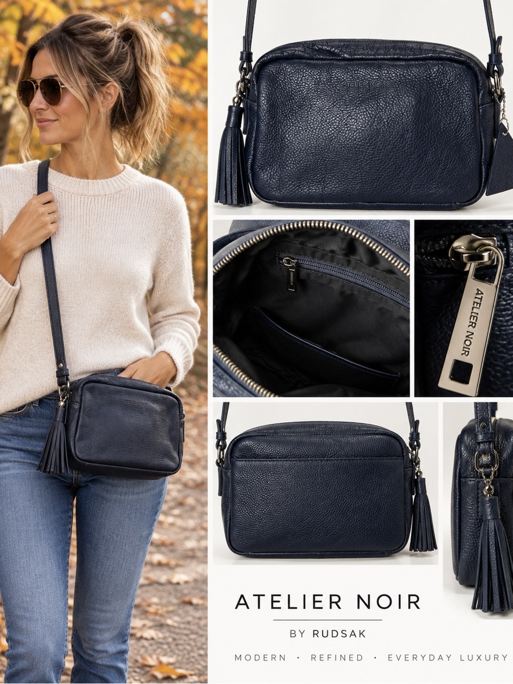 Atelier Noir by RUDSAK Navy Pebbled Leather Crossbody Camera Bag with tassel